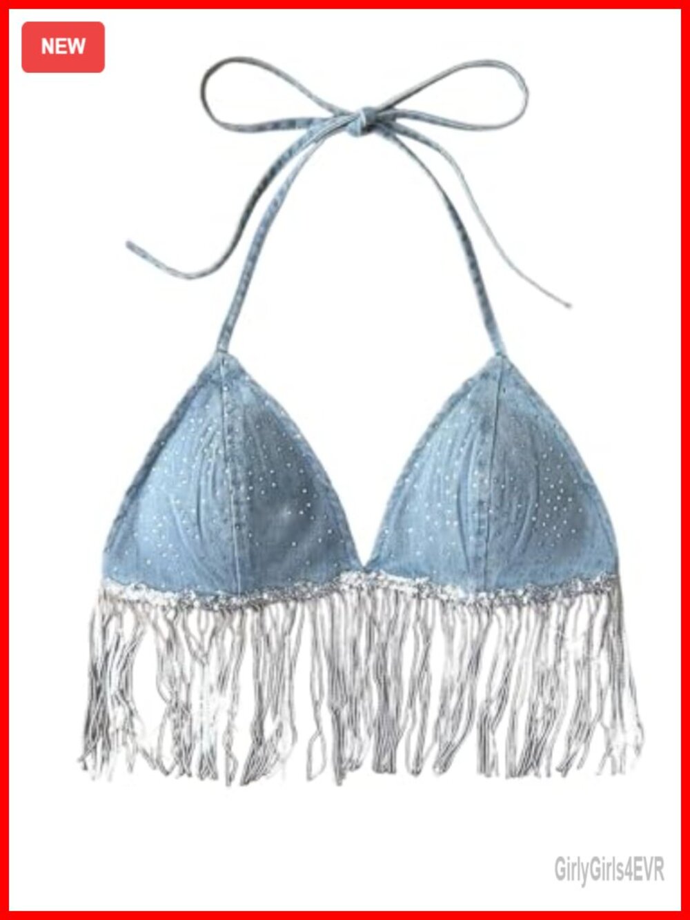 Rhinestone Fringe Denim Halter Crop Top Sexy Sleeveless Tie Back